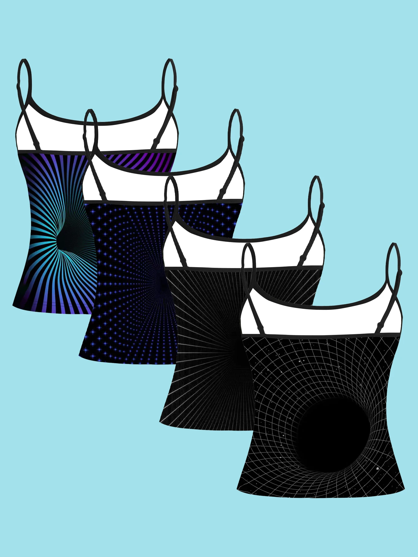 4-Piece Set of 3D Visual Black Hole Grid Dizzy Print Camisoles, Space Optical Illusion Spiral Starry Sky Women's Slim-Fit Spaghetti Strap Sleeveless Tops for Outerwear or Layering