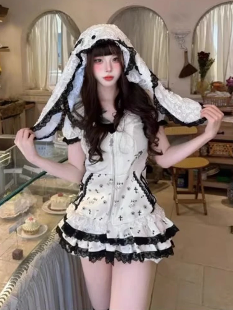 ฤดูร้อนGothic Vintage Elegantผู้หญิง 2 ชิ้นชุดHoodedออกแบบลูกไม้Y2kเสื้อ + ลายสก๊อตกระโปรงเก๋หญิงPunk Retroชุด 2025