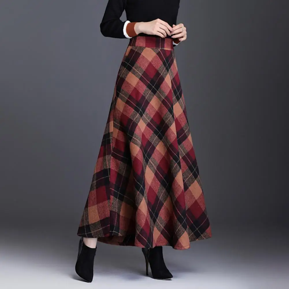 

Skirt Plaid Print Woolen Skirt for Women High Waist A-line Style with Hem Thickened Winter Skirt for Wear Plaid Print A-line