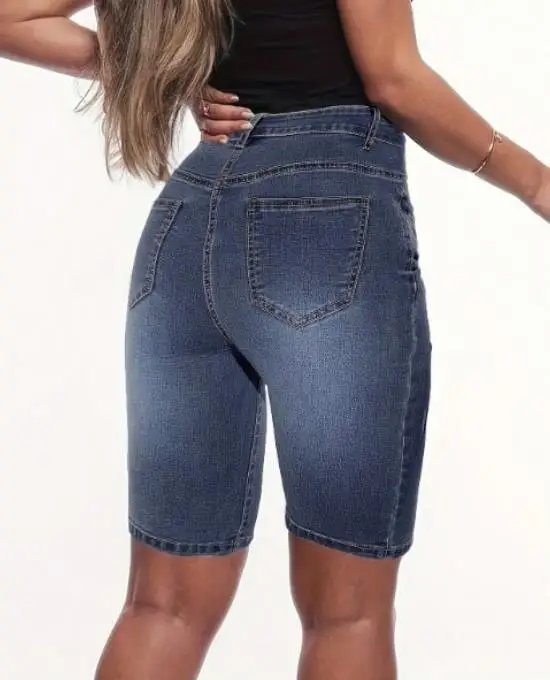 شورت جينز نسائي صيفي كلاسيكي بلون موحد، تصميم بسيط بأسلوب قديم، مناسب للارتداء اليومي، شورت جينز بطول خمسة أرباع