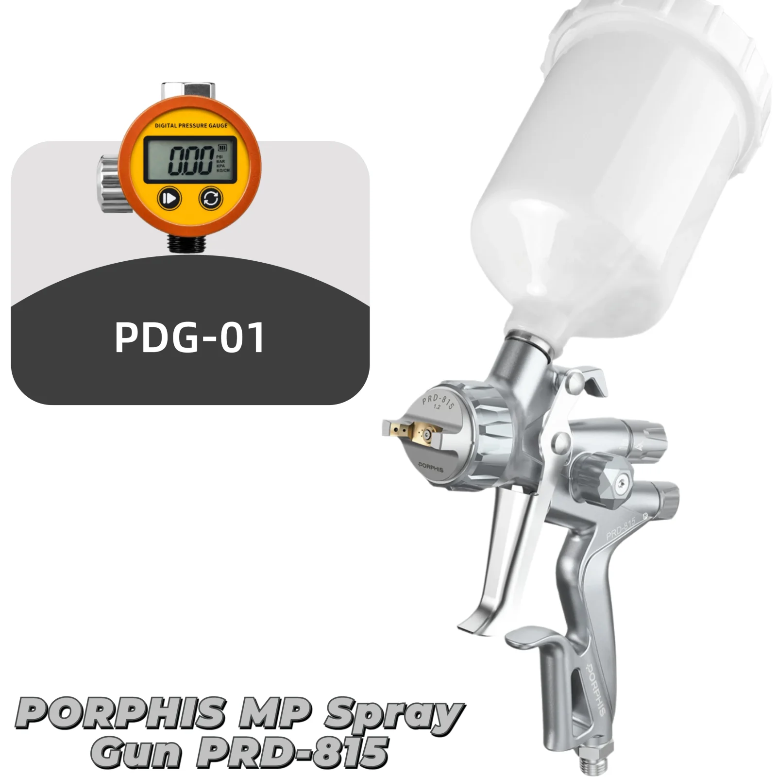 PORPHIS PRD-815 MP Spray Gun with PDG-01 Digital Air Flow Valve Automotive Paint Gun for Base Coat Refinish Precision Control