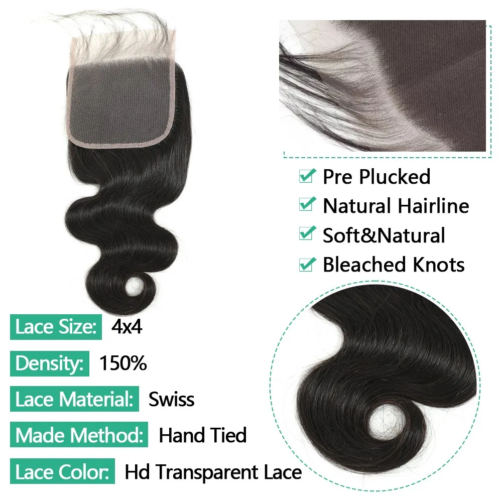 4x4 HD Transparent Lace Closure Human Hair Pre-plucked Brazilian Body Wave Lace Closures Only Remy Hair Wholesale Price