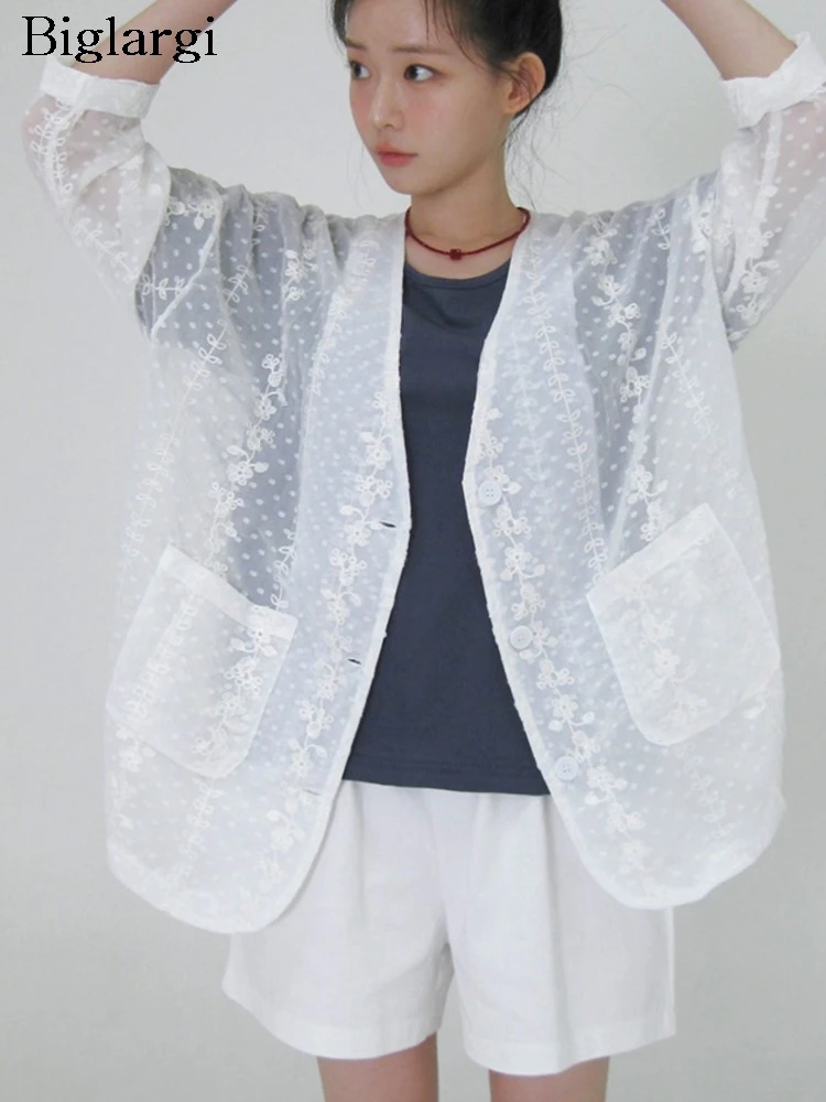 

Summer Long Sleeve Shirts Women Flower Floral Embroidery Fashion Sweet Ladies Blouses Korean Style Loose Casual Woman Shirt