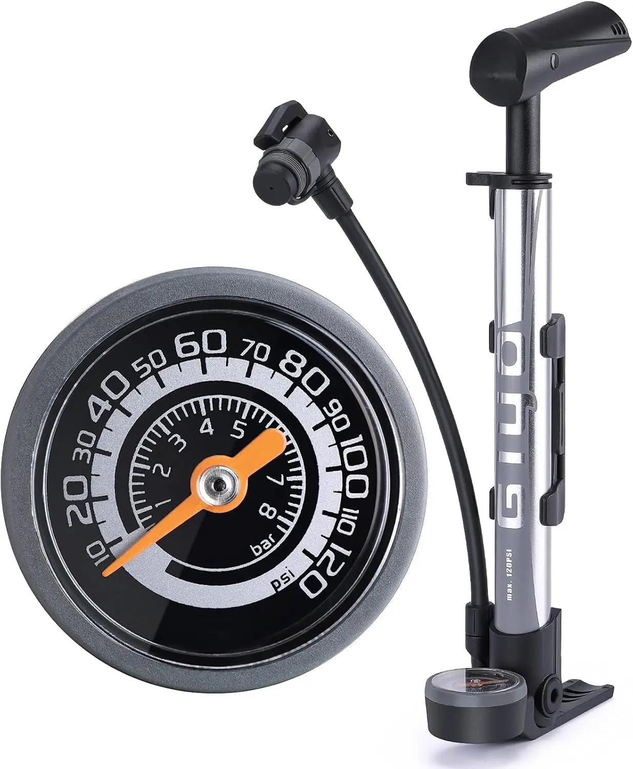 

Mini Bike Pump with Gauge - 120 PSI Portable Air Pump for Road & MTB - Fits Presta & Schrader - Includes Mounting Bracket