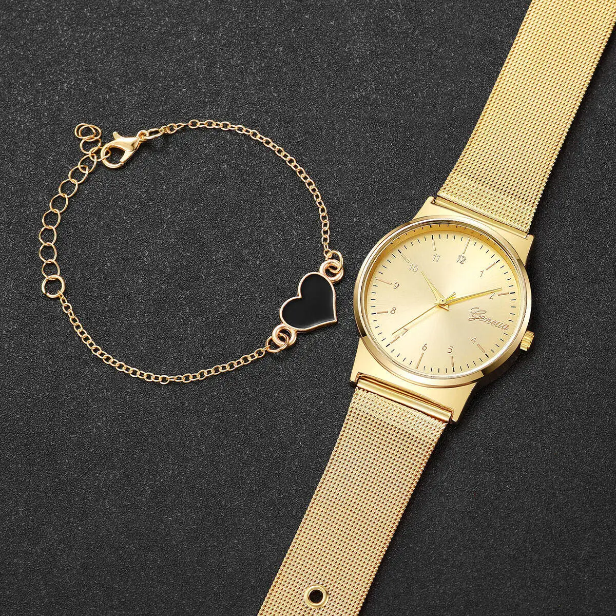 2 قطعة/المجموعة الأزياء العربية الهاتفي النساء الساعات السيدات شبكة باند كوارتز ساعة اليد سوار على شكل قلب مجموعة Reloj Mujer (بدون صندوق)