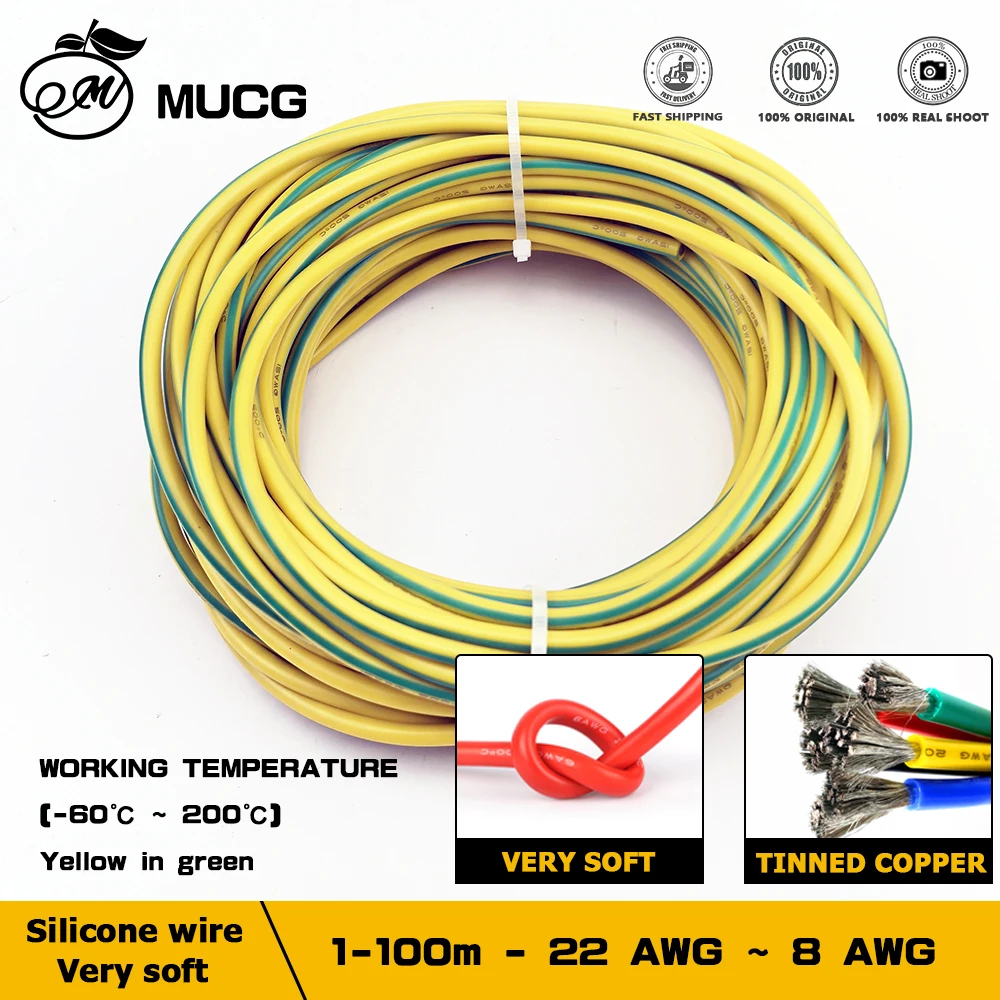 Fil de Silicone 8-22AWG, câble électrique résistant à la chaleur, cordon Flexible, fil de terre Ultra doux, plomb de terre, cuivre étamé jaune-vert