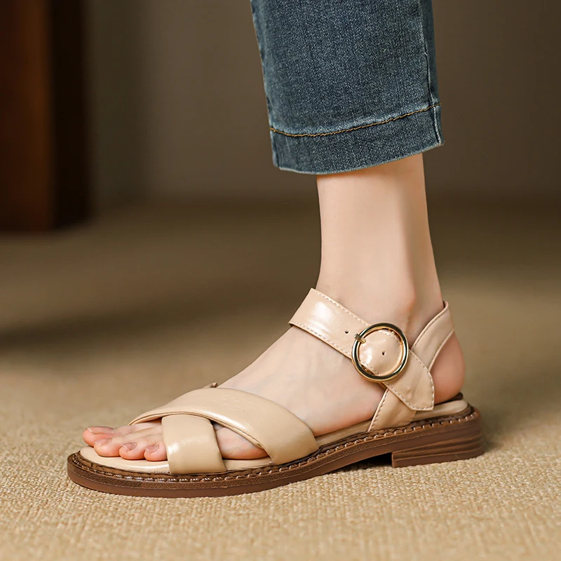 

2024 Summer New Chunky Heels Women Sandals Genuine Leather Ankle Strap Fashion Open Toe Office Party Retro Pumps Shoes for Woman