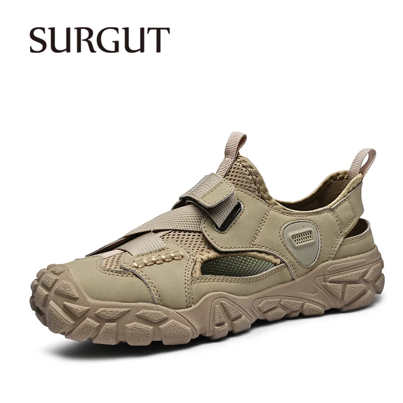 SURGUT Summer Men's Casual Shoes Hook And Loop Strap Quick-Dry Breathable Mesh Daily Footwear Plus Size 38-46