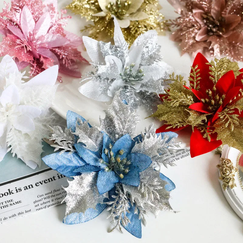 5pcs Christmas Artifical Flowers Glitter Sequin Fake Flower Xmas Tree Ornament 2025 Happy Navidad New Year Party Home Decoration