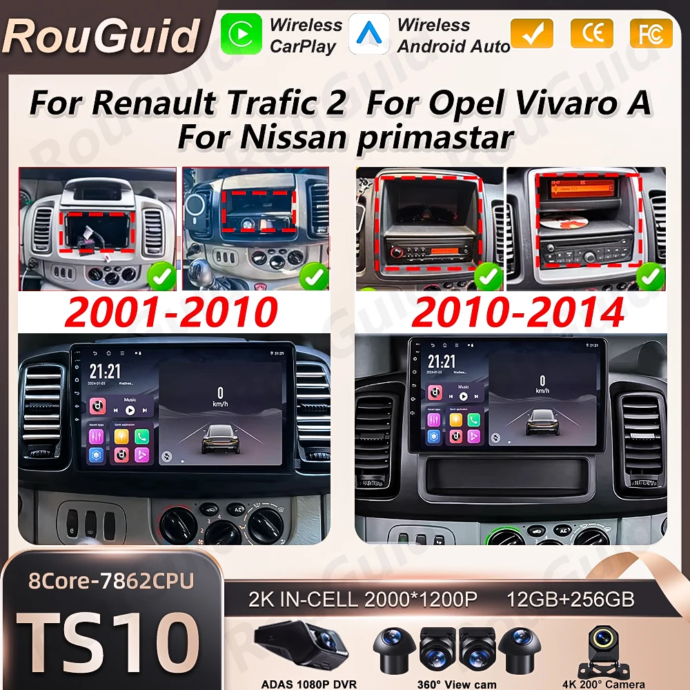 Autoradio Android 16 pour Renault Trafic 2, Opel Vivaro A, Nissan Primastar 2001-2014, lecteur multimédia, Carplay, GPS, stéréo