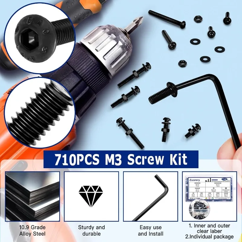 710PCS 10.9 Grade Alloy Steel M3 Hex Button Head Screws Kit Black Zinc Plated with Nuts & Washers for 3D Printing Hardware Assem
