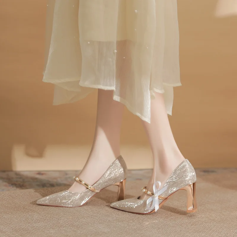 

7cm Spring Women's Pointed Toe Heels,Pearl Decorated Shining Formal Shoes,Comfortable Wedding Party High Heels zapatos de mujer