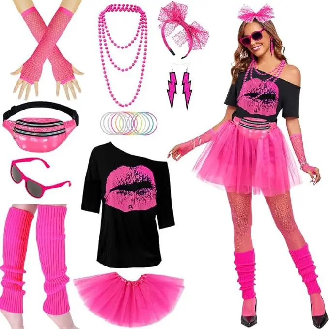 

80s Retro Party Costume Drop Shoulder T Shirt Tutu Skirt Waist Bag Jewelry Foot Sleeves Full Set