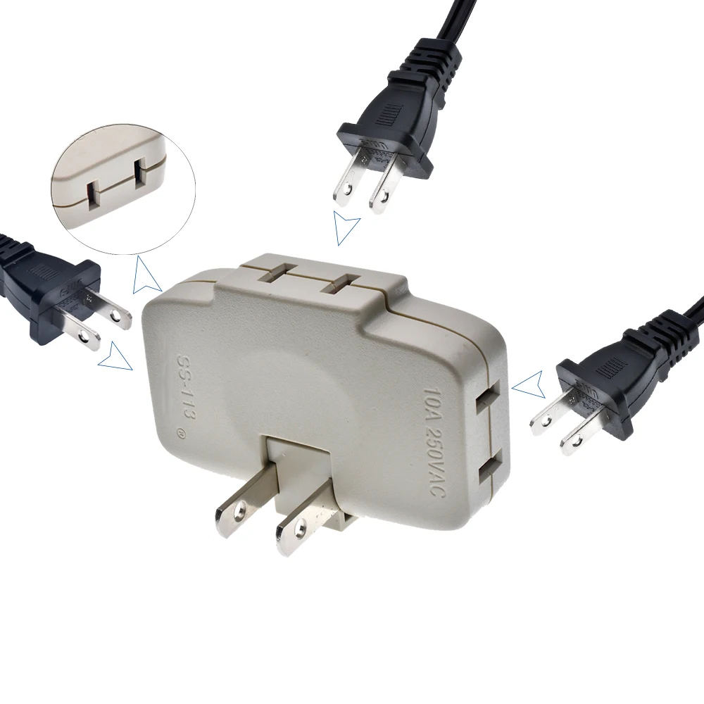 3 in 1 Extension Plug Adapter 2-prong Rotatable Socket Converter 2500W 10A US Plug Socket Indoor Wall Tap Power Outlet