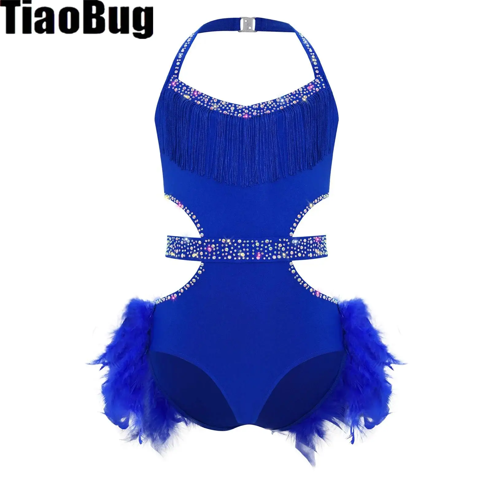 

Kids Girls Ballet Leotard Latin Dance Costume Halter Sleeveless Cutout Back Rhinestones Bodice Feather Skirted Bodysuit Unitards