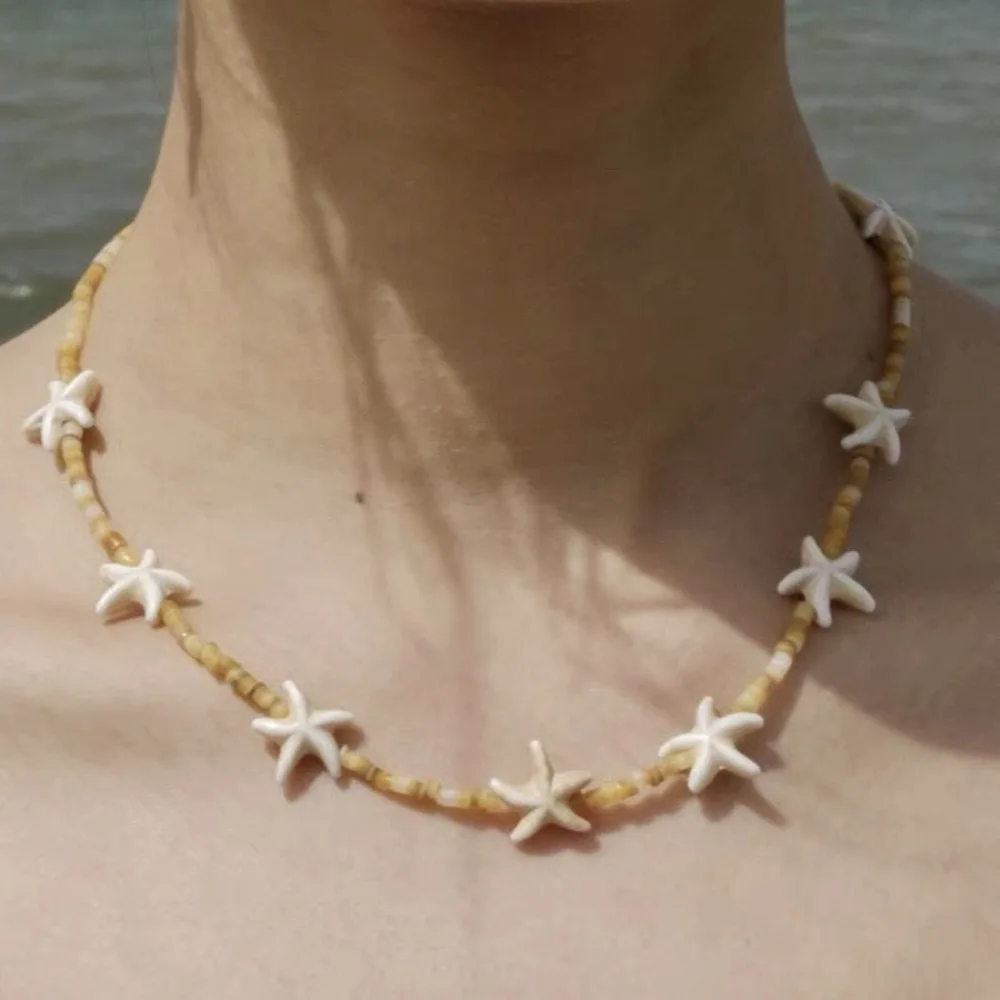 

Boho Handmade Starfish Pendant Necklace For Women Natural Turquoise Summer Beaded Adjustable Clavicle Chain Beach Daily Jewelry