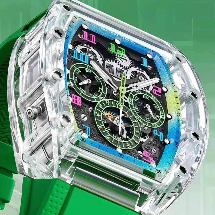 

BONEST GATTI Men Automatic Watch Tonneau Mechanical Wristwatch Acrylic Case Sapphire Mirror Luminous FKM Strap Month Week Date