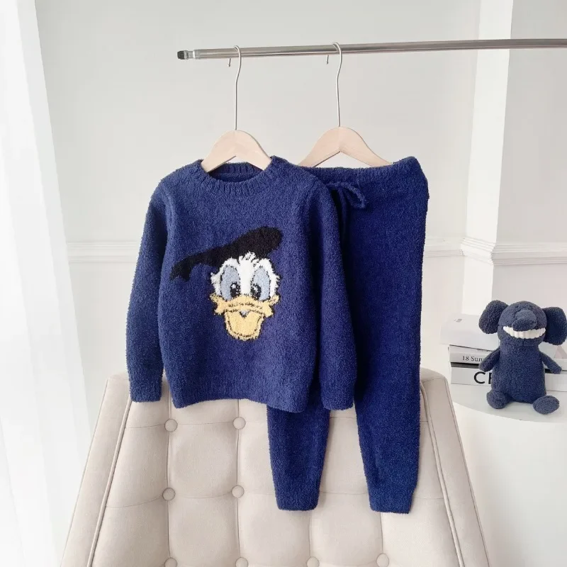 New Disney Donald Duck Sweater Pyjamas Set for Kids 80CM 140CM Boys Girls Winter Warmth Jumper Long-sleeved Sweatshirt for Child