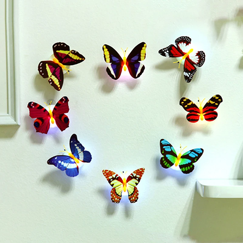 3D colorido borboleta LED noite luz, lâmpadas de parede, adesivos coloridos, cor aleatória, DIY casa