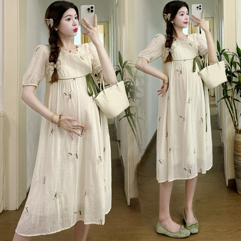 2024 Summer Maternity Dress Chinese Style Puff Sleeve Ruffles Collar Long Loose Casual Pregnant Woman Holiday Dress Women Hanfu