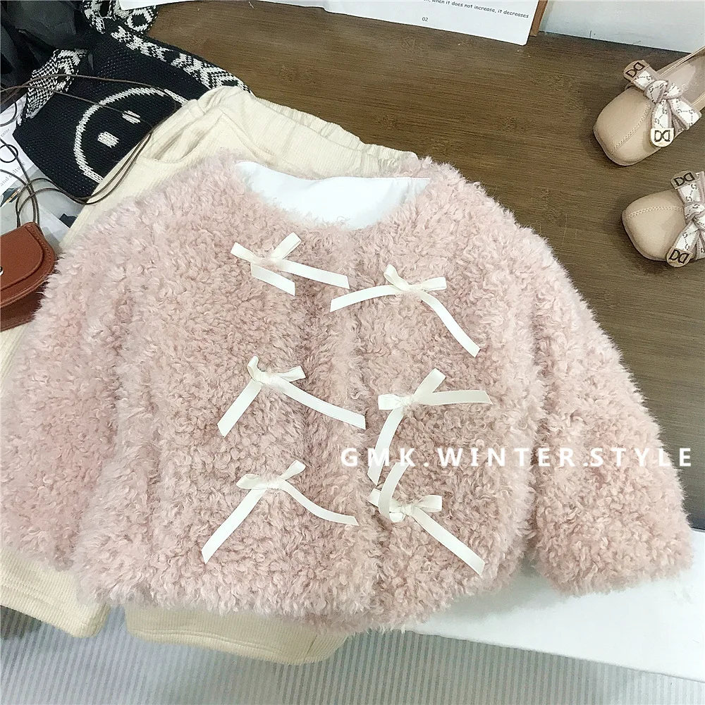 Winter Children Girl Parka Cotton Padded Bow Button Toddler Girl Outerwear Coat Fleece Thicken Infant Baby Girl Faux Fur Jackets