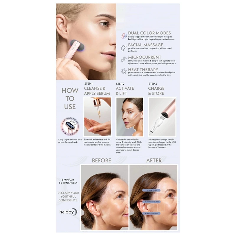 5 In 1 bacchetta facciale dispositivo microcorrente Anti-età rosso blu LED terapia massaggiatore viso ringiovanimento strumento di terapia del calore