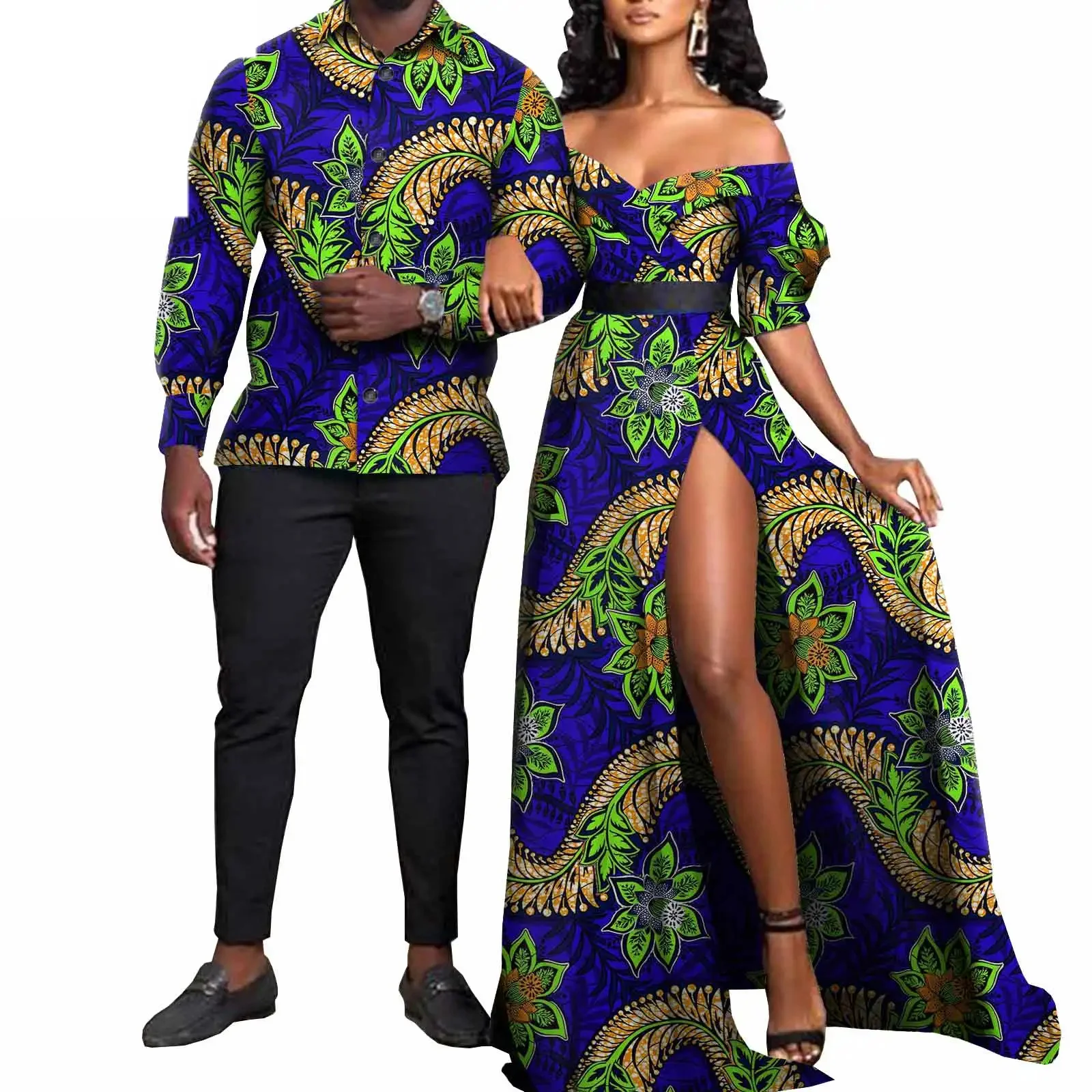 

African Clothes for Couples Sexy Women Ankara Print Maxi Long Dresses Match Men Outfit Party Shirts Top and Pants Set Vestidos