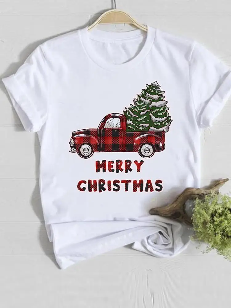 Cartoon Style Trend Christmas Happy New Year Female Women Clothes Prints O-neck Lady Casual Fashion Shirt Tee Graphic T-shirt