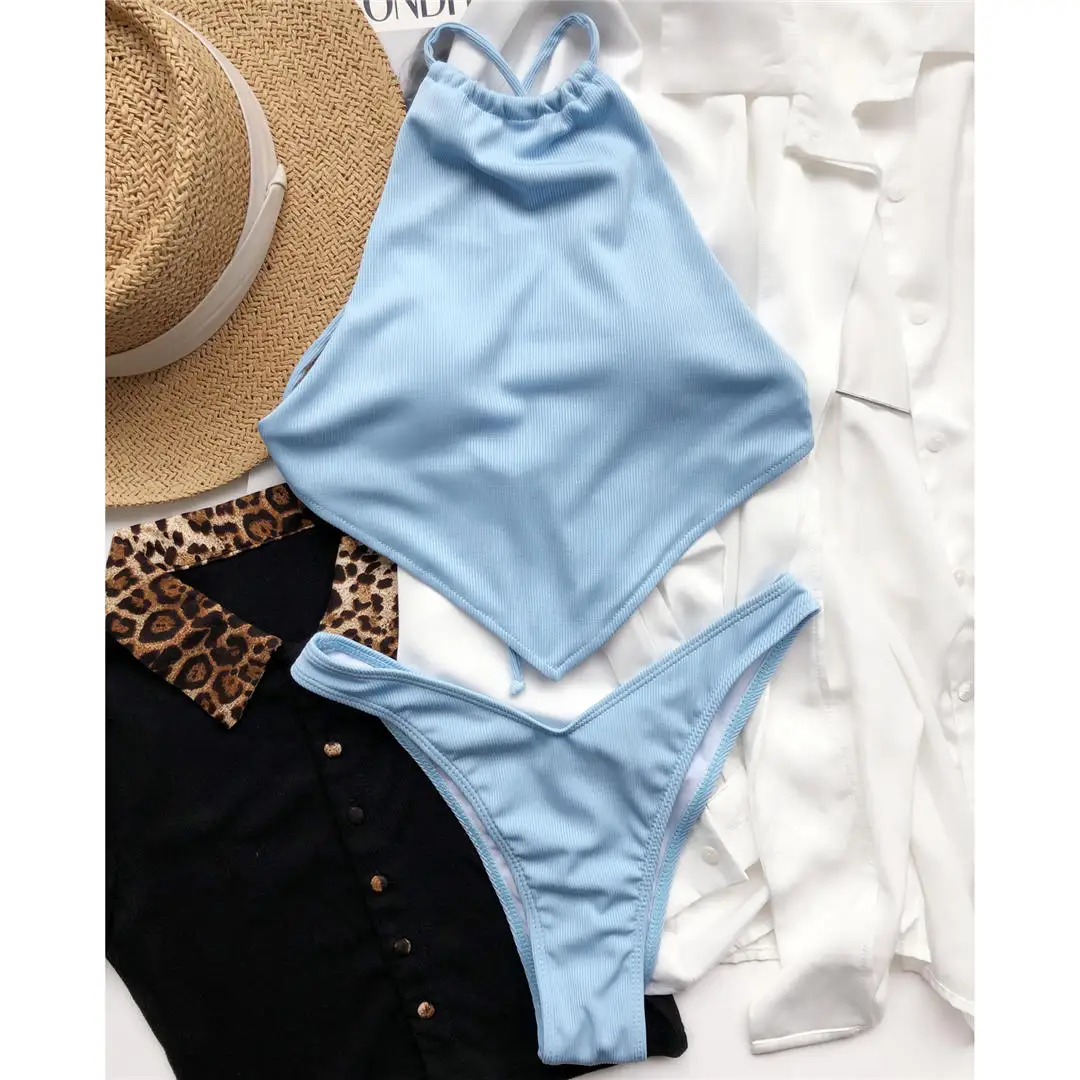 Hochgeschlossener Bikini mit überkreuztem Rücken und hohem Beinausschnitt, gerippt, Damen-Badeanzug, zweiteiliges Bikini-Set, Badebekleidung, Badeanzug, Modell V2878 – Detail 28