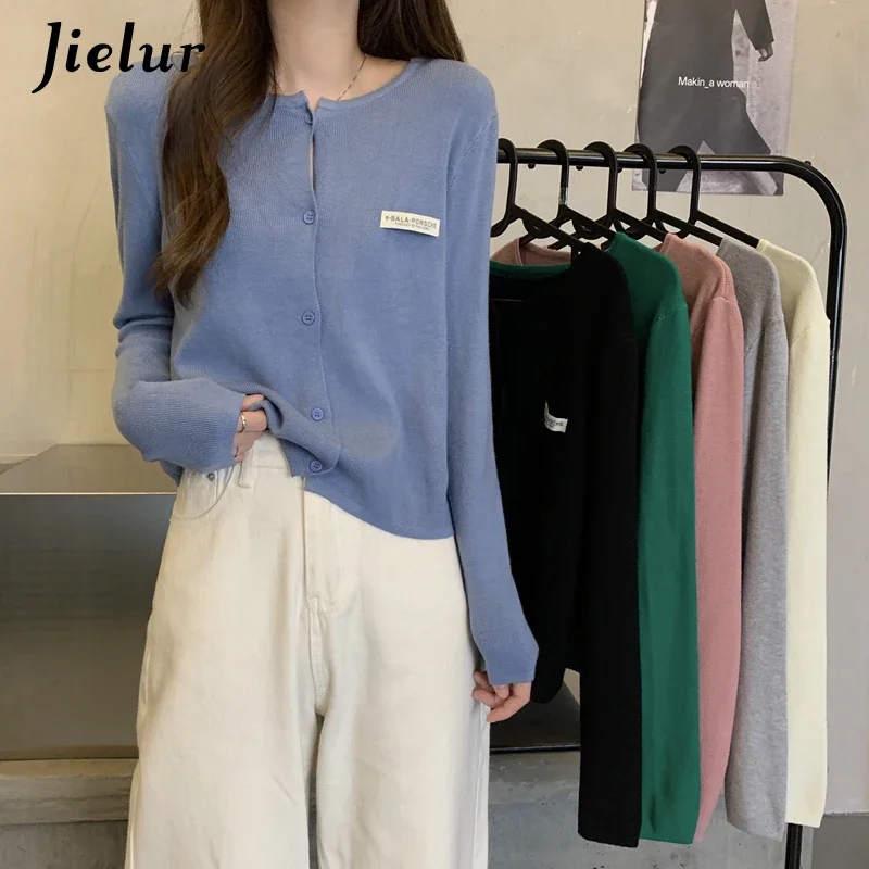 Jielur Autumn Korean Sweater Single-breasted O-neck Knitted Jacket Chic Simple OL Women Cardigan Blue Gray Apricot Outerwear