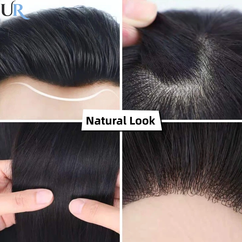 Men Human Hair Toupee Skin Base Breathable Wigs Man Natural Hair Systems Biological Skin Base Men Toupee Male Hair Prosthesis