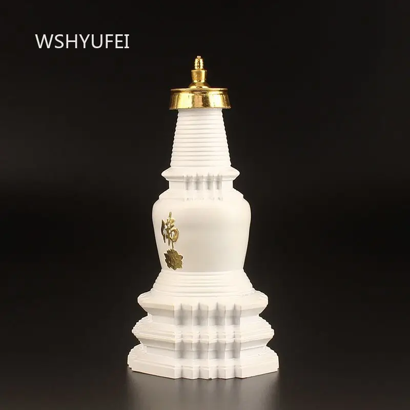 White Resin Pagoda Figurine with Golden Finial Buddhist Tower Ornament for Prayer Room Yoga Studio Desktop Decor Crafts
