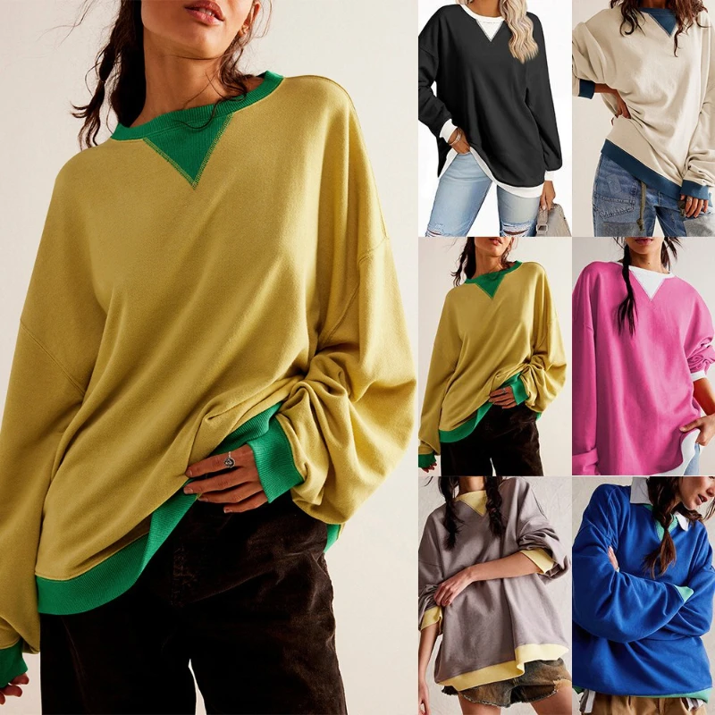 

Sweatshirts Women Tops Round Neck Full Sleeve Top Casual Loose Solid Regular Work Y2k Streetwear Elegant Splice Autumn 2025