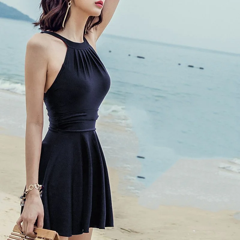 2023 Summer Solid High Waist Sexy Hanging Hang Your Neck Swimwear Slim Fit Open Back Elegant One Piece Dress Beach Bath Clothing