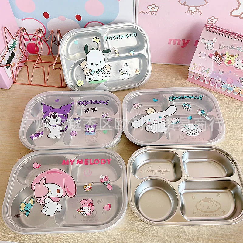 Kawaii Kuromi Hello Kitty My Melody Cartoon 304 Stainless Steel Dinner Plate Anime Sanrio Girl's Heart Cute Student Lunch Box