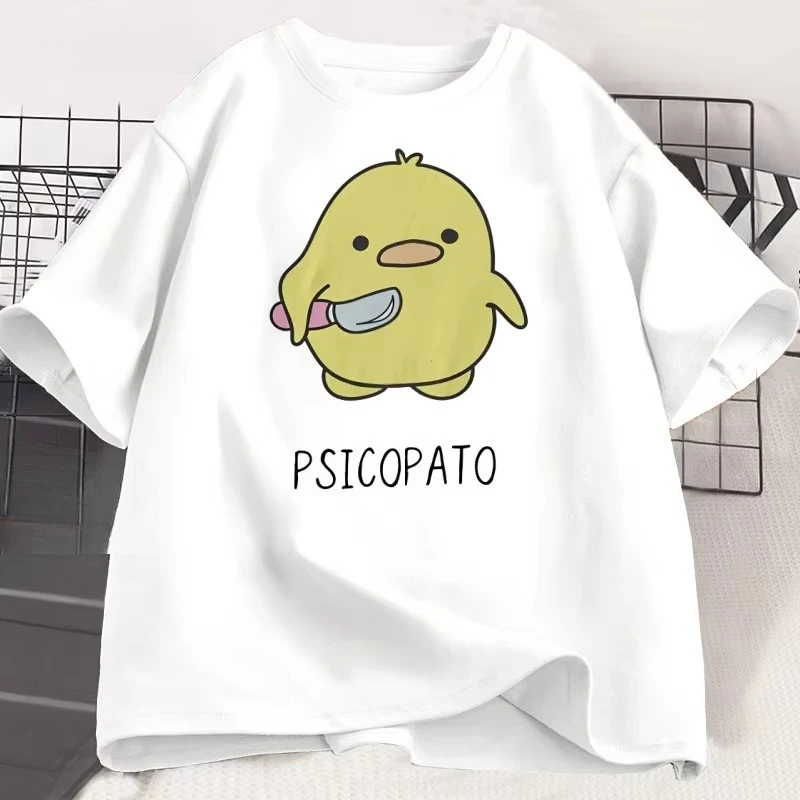 Psicopato T Shirt Men Women Cute Duck with Knife Tshirt Casual Short Sleeve Cotton Printed Round Neck T-shirt Streetwear Loose