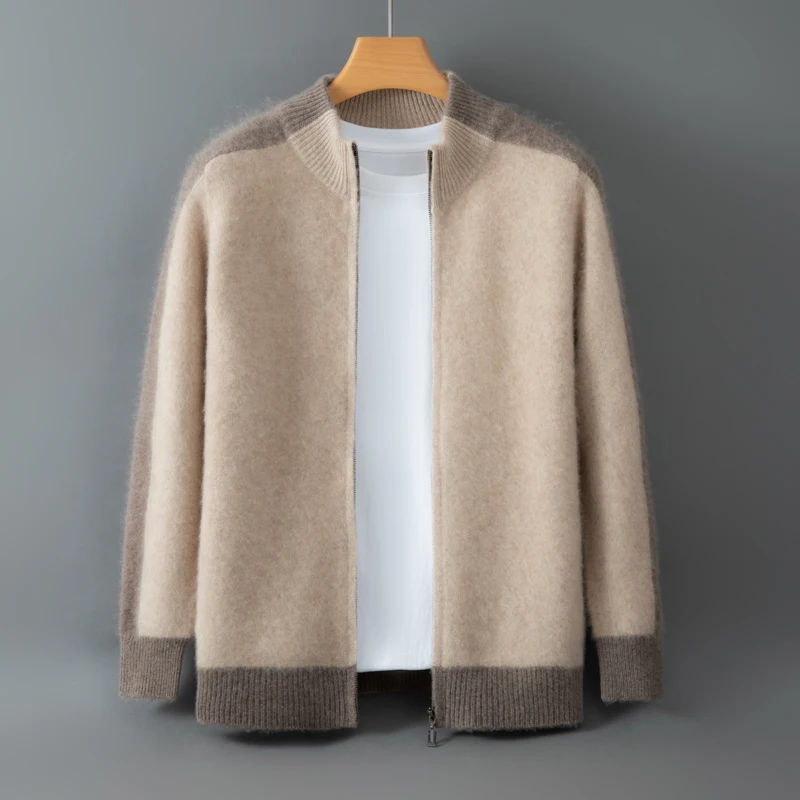 Korean Clothes Autumn Winter Sweater Men's Coat 100% Merino Wool Sweater Cardigan Knitted Jacket Thicked Zip Spliced Outerwears