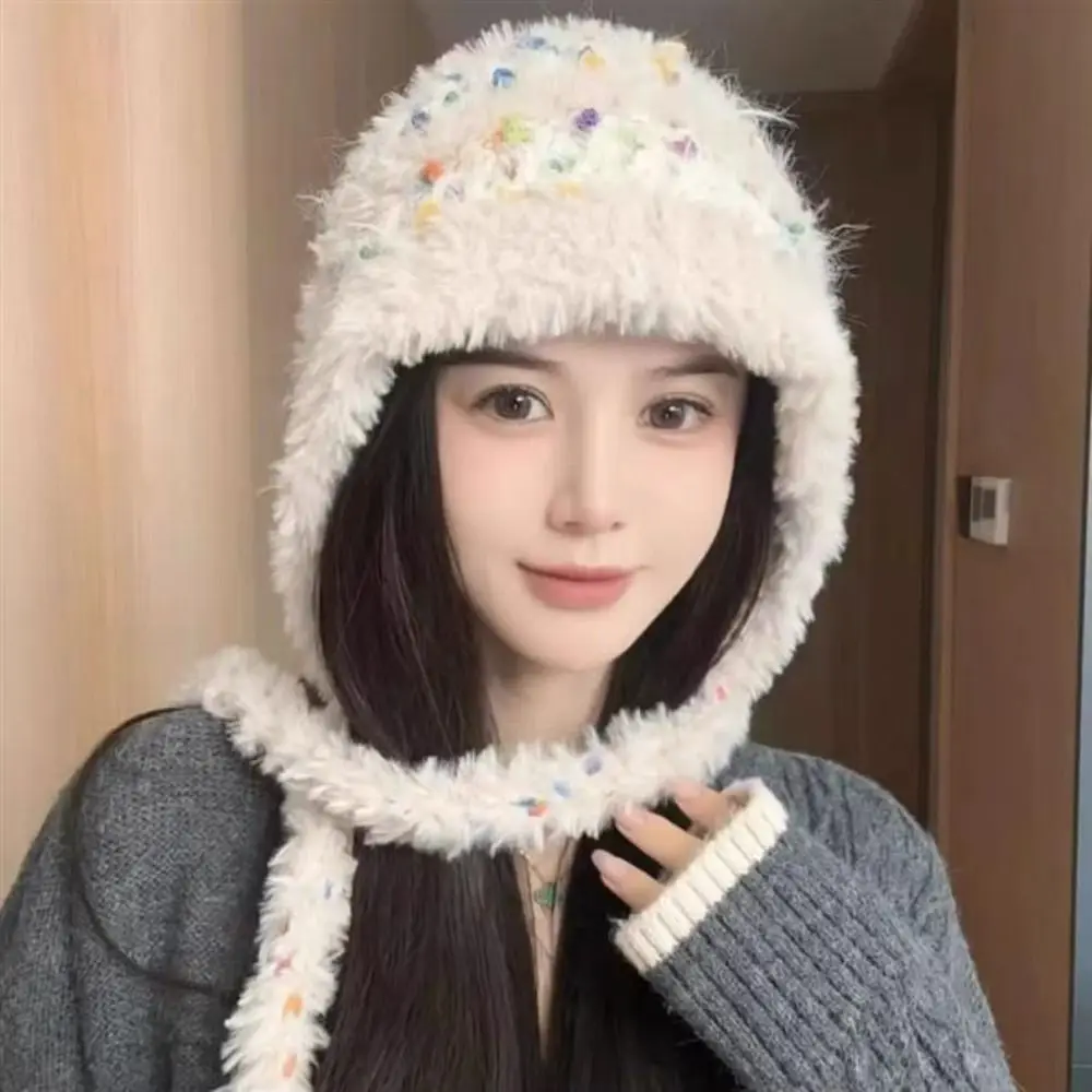 หมวกบีนนี่ขนเฟอร์เทียมกันหนาว หมวกเล่ยเฟิงถักไหมพรม ป้องกันความหนาว อุ่นสบาย สำหรับผู้หญิง