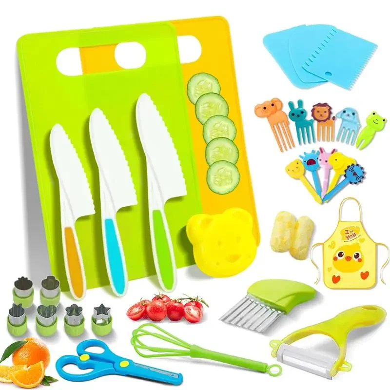 Juego de 13/32 piezas de juguetes de cocina para niños, juego de simulación de cortar frutas y verduras multifuncional con mangos de agarre seguro, kit portátil para cocinar y hornear, juguete de rol para el hogar, cesta de regalo perfecta para pequeños chefs, niñas y niños, regalo para el Día de la Madre, Pascua, cumpleaños