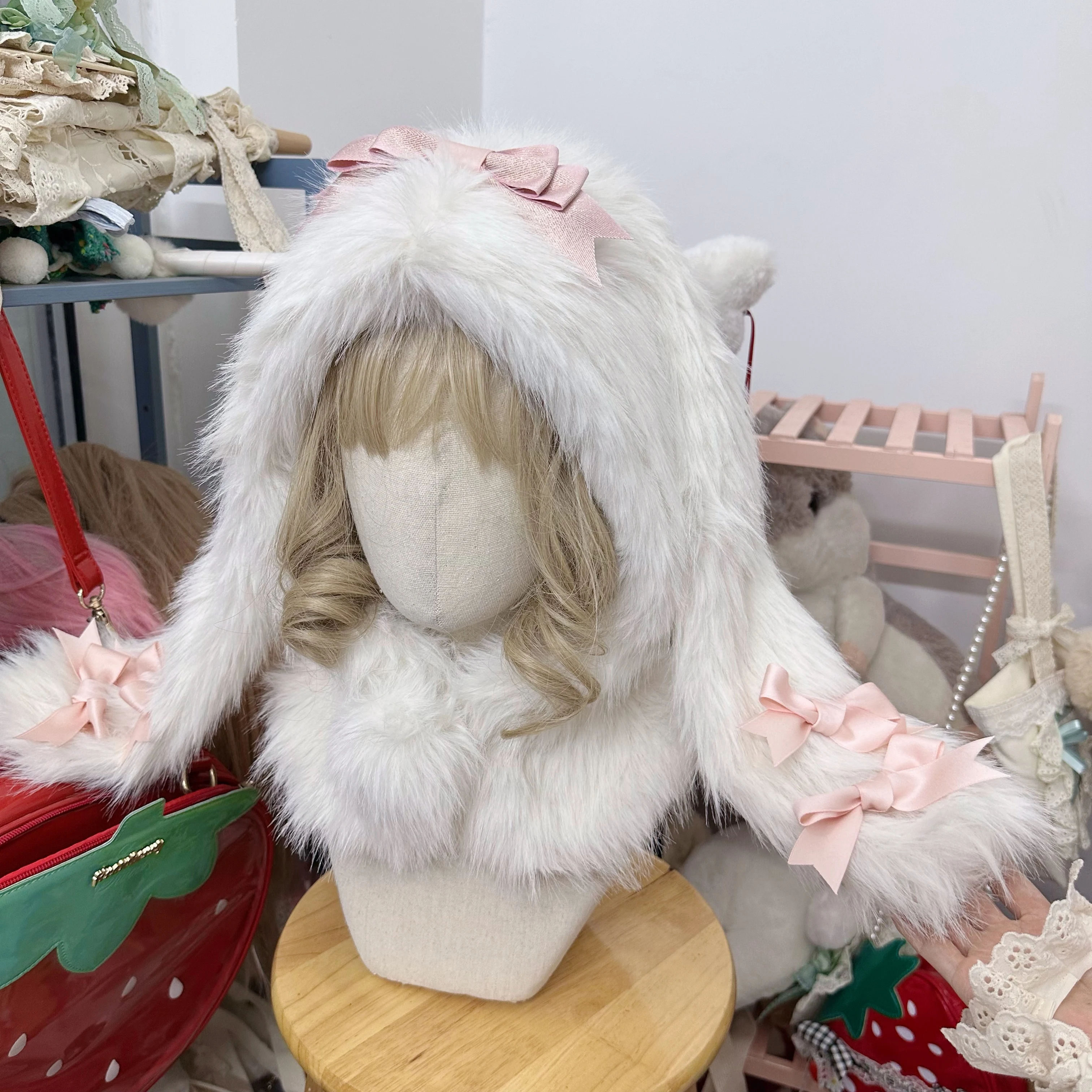 

Hanging Ear Rabbit Hat Lolita Kawaii Doll Hat Autumn Winter Warm Ear Protection Halloween CosPlay Headpiece Plush Long Ear Hat