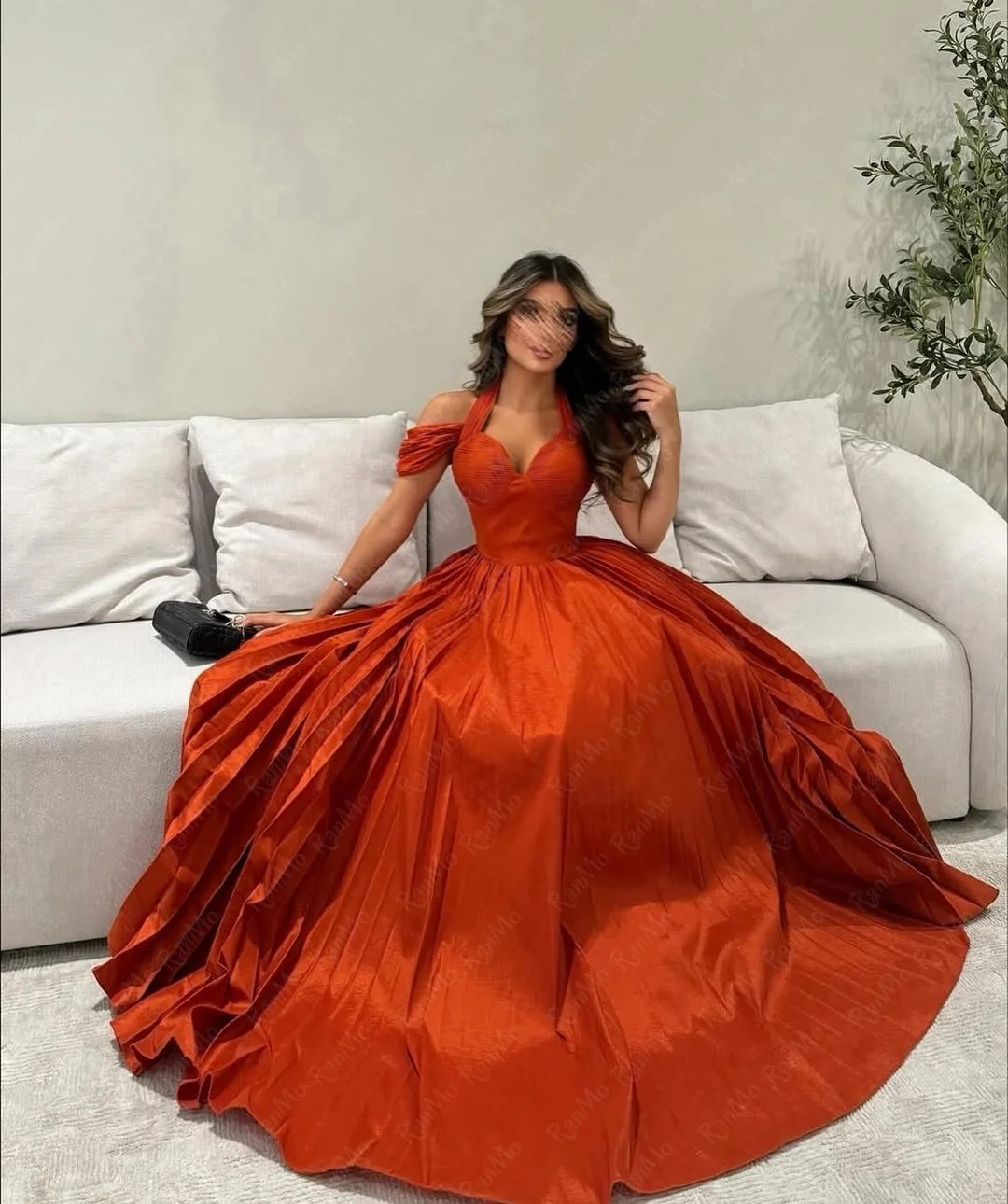 Ranmo 2026 Orange Mermaid Wedding Party Dress Halter Satin Sexy Pleat New Evening Dress فساتين سهرات Customized 2025