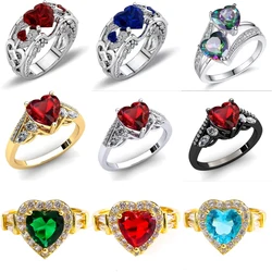 Fashion Red Heart Shaped Love Ring Inlaid with Shiny Zirconium Crystal Black Female Ring Wholesale of Female Party Jewelry