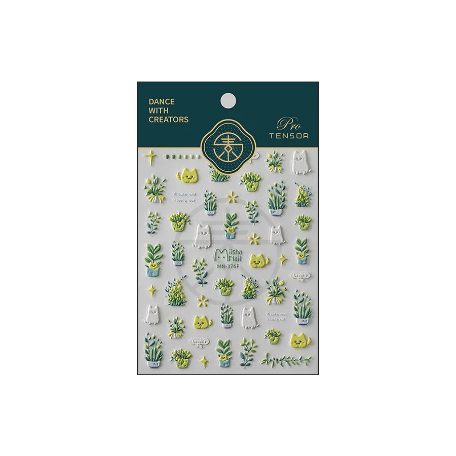 1pcs Lovely Cat Green Potted Plant Flowers Nail Stickers 5D Embossed Self Adhesive Nail Art Stickers 3D Cute Cat Manicure Decals