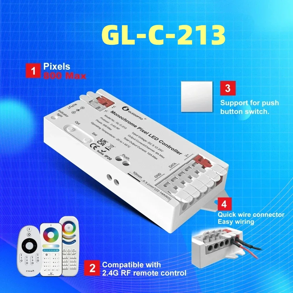 

GL-C-213 Single Color Digital Pixel LED Controller 800IC DC5-12V 7 Dynamic Mode Easy Wiring Power On Setting RF Remote Control