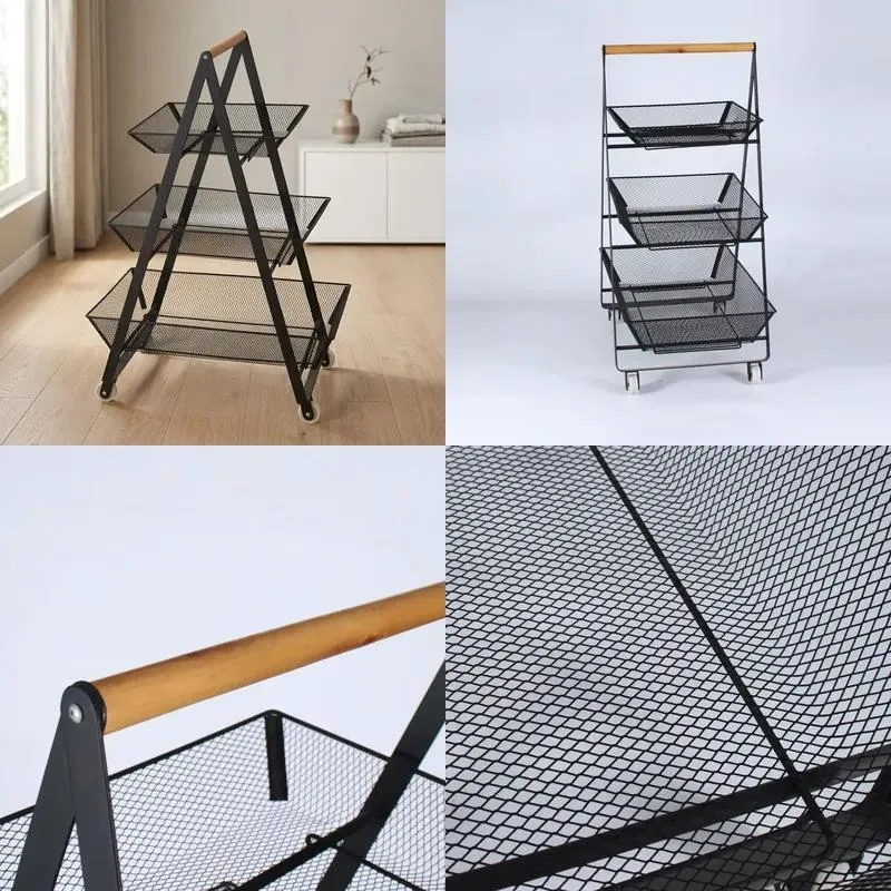 Stable Durable Mesh Three Layer Metal Rolling Utility Cart Dustproof Push Frame for Kitchen Storage