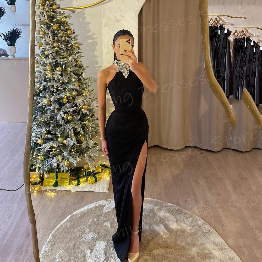 Charming Black Mermaid Classic Women's Evening Dresses New Modern High Neck Prom Gowns Pretty Side High Split Vestido De Noche