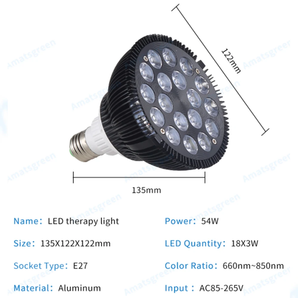 54Watt Red Light Therapy Bulb E27 660nm, 850nm Near Infrared Lamp Therapy for Skin and Pain Relief, Red Light Grow LED