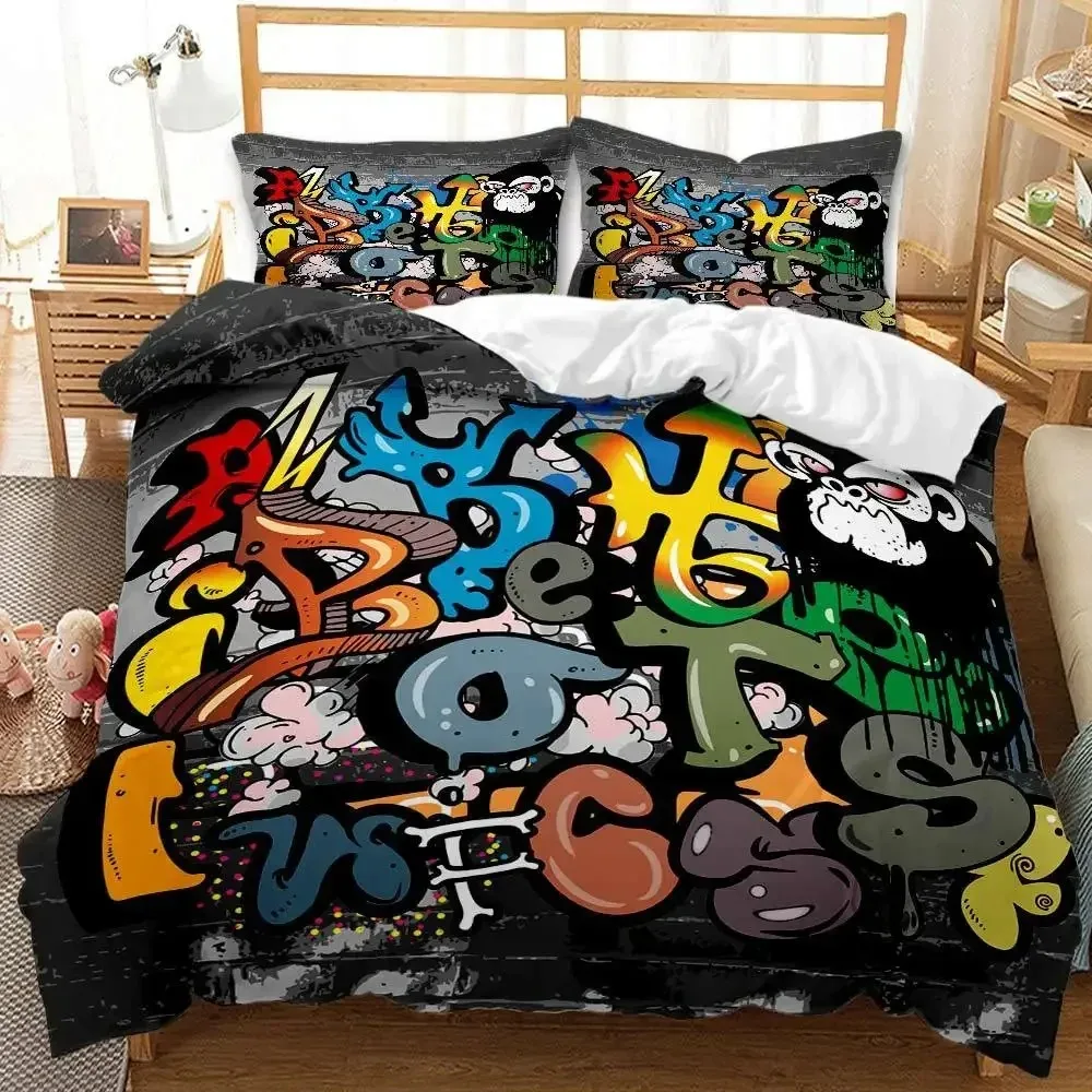 

Hip Hop Duvet Cover King Queen Size Color Street Culture Wall Graffiti Art Rock Music Sports Polyester Bedding Set for Kid Teens