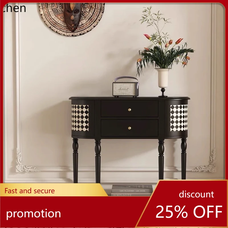 

HXL Modern Semi-circular Arc Entrance Table Solid Wood Entrance Foyer Black Cream Style Ornament Table Narrow End View Table