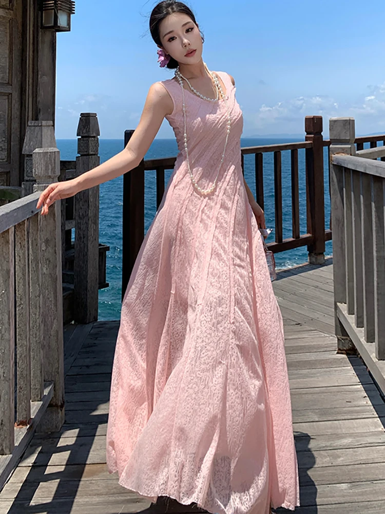 2025 Nuovo pizzo rosa jacquard chic fionda abito lungo sexy estate Boho elegante casual Holiady vestito da donna coreano aderente vestito da partito